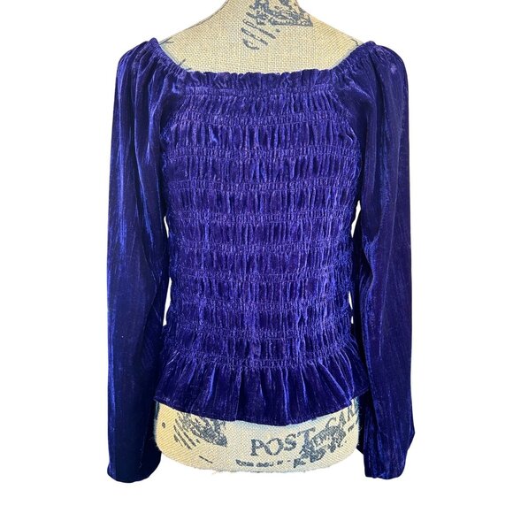 Womens M Purple Velvet Top Peplum Blouson Sleeve Stretch Top Fairy Witchy - Picture 2 of 9